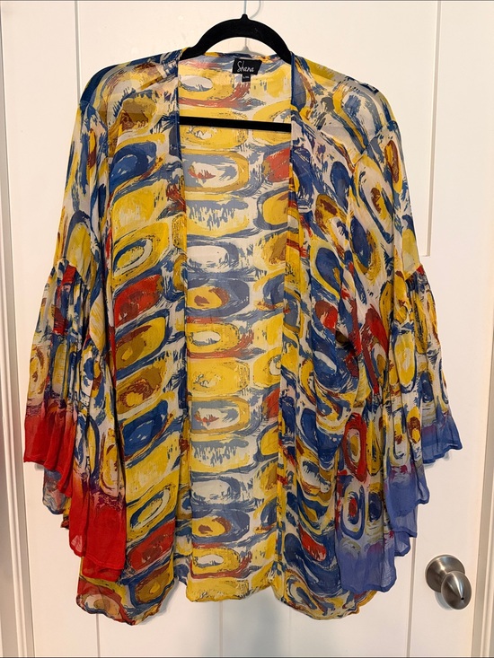 Shana Other - Shana Open-Front Abstract Art to Wear Print Kimono - Yellow Blue Red Resortwear